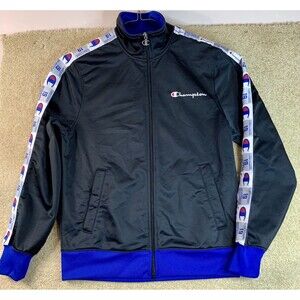 Vintage Champion Mens Track Jacket Blue Black Spell Out Down Arm Full Zip Medium